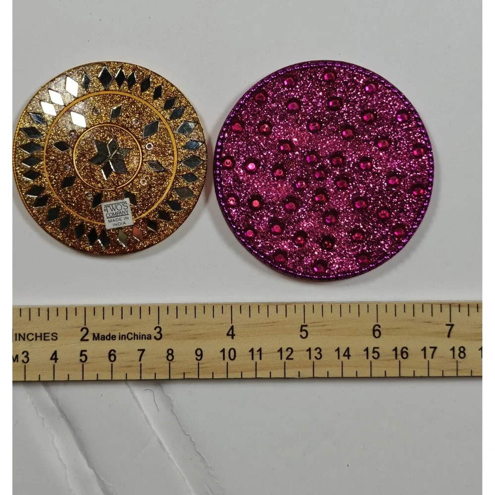 Vintage Twos Company Hand Held Gold Tone Compact Mirror Diamond Set Of Two